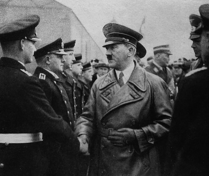 Adolf Hitler greets the survivors of the U-18 U-boot, which sank after a collision with torpedo boat T-156 in Lübeck Bay on 20 November 1936